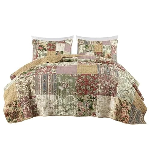 Chezmoi Collection Delaney 3-Piece Floral Patchwork Quilt Set King | Vintage Cotton Comforter thumbnail 9
