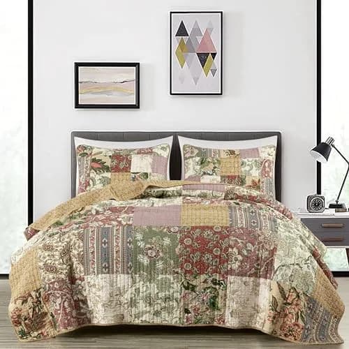 Chezmoi Collection Delaney 3-Piece Floral Patchwork Quilt Set King | Vintage Cotton Comforter thumbnail 2