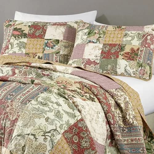 Chezmoi Collection Delaney 3-Piece Floral Patchwork Quilt Set King | Vintage Cotton Comforter thumbnail 3