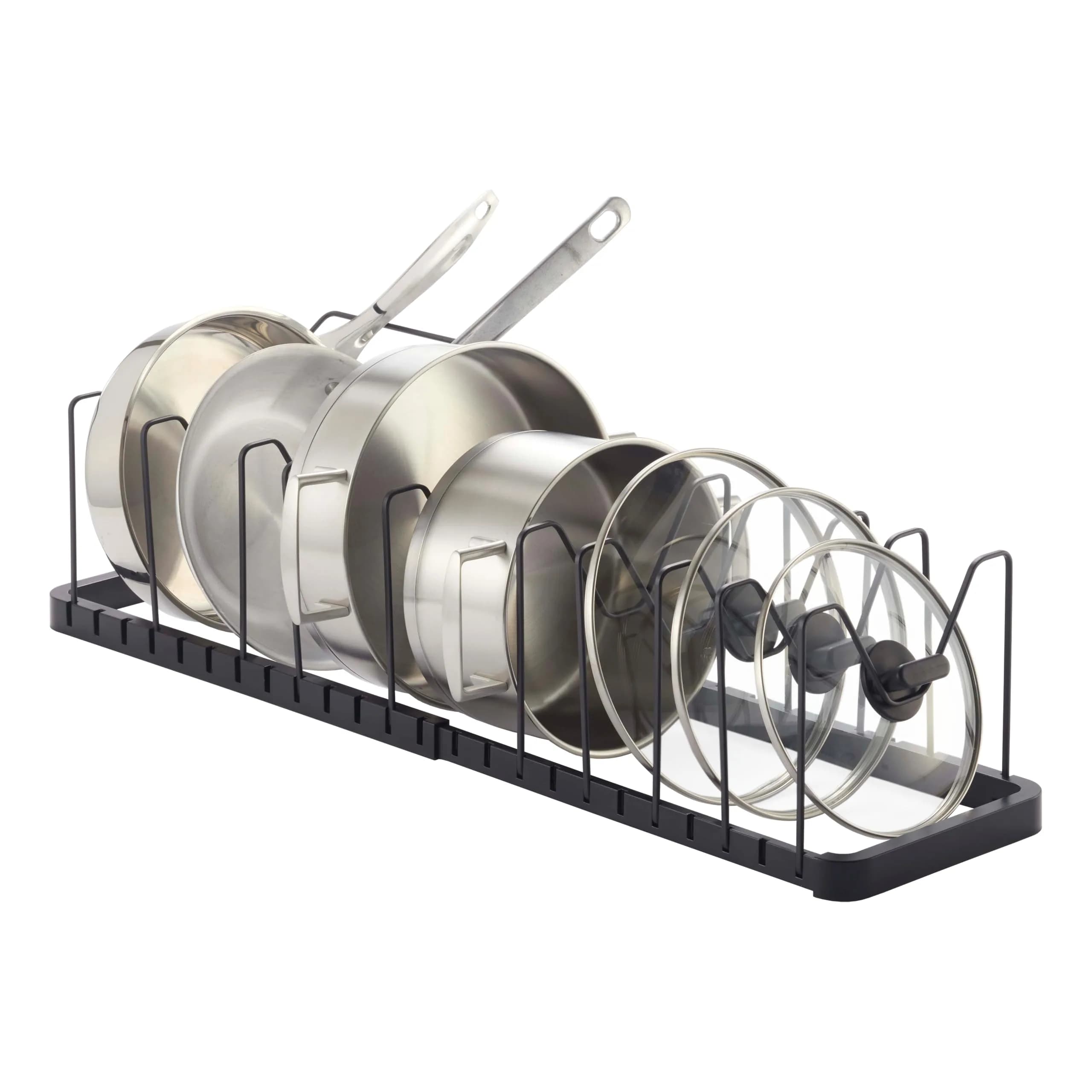 YAMAZAKI Adjustable Lid & Pan Organizer | Modern Steel Kitchen Storage Shelf Rack in Black