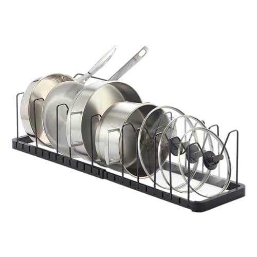 YAMAZAKI Adjustable Lid & Pan Organizer | Modern Steel Kitchen Storage Shelf Rack in Black thumbnail 1