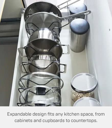 YAMAZAKI Adjustable Lid & Pan Organizer | Modern Steel Kitchen Storage Shelf Rack in Black thumbnail 4