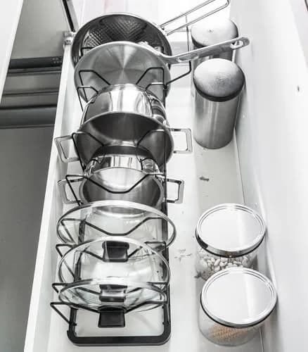 YAMAZAKI Adjustable Lid & Pan Organizer | Modern Steel Kitchen Storage Shelf Rack in Black thumbnail 7