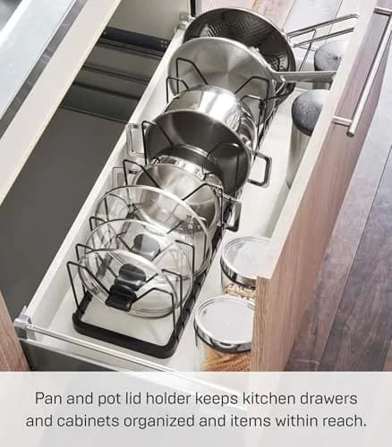 YAMAZAKI Adjustable Lid & Pan Organizer | Modern Steel Kitchen Storage Shelf Rack in Black thumbnail 2