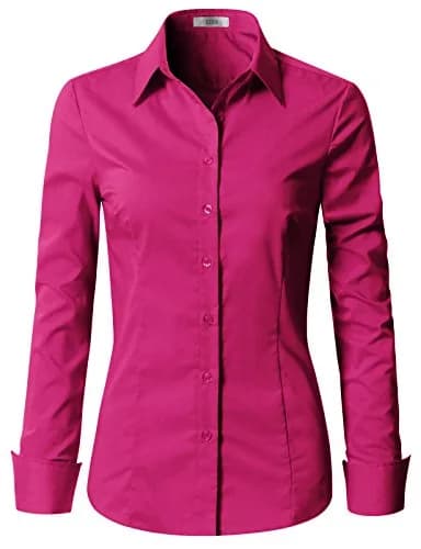EZEN Womens Slim-Fit Long-Sleeve Stretchy Button-Down Collared Shirt Blouse (WBDS003-DEEP Pink-XL) | Slim Fit, Cotton & Spandex, Perfect for Indian Climate thumbnail 1
