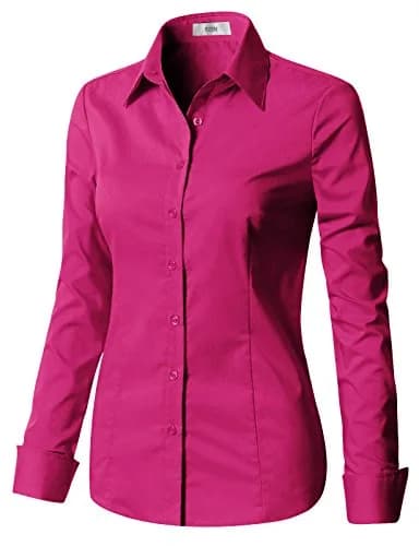 EZEN Womens Slim-Fit Long-Sleeve Stretchy Button-Down Collared Shirt Blouse (WBDS003-DEEP Pink-XL) | Slim Fit, Cotton & Spandex, Perfect for Indian Climate thumbnail 3