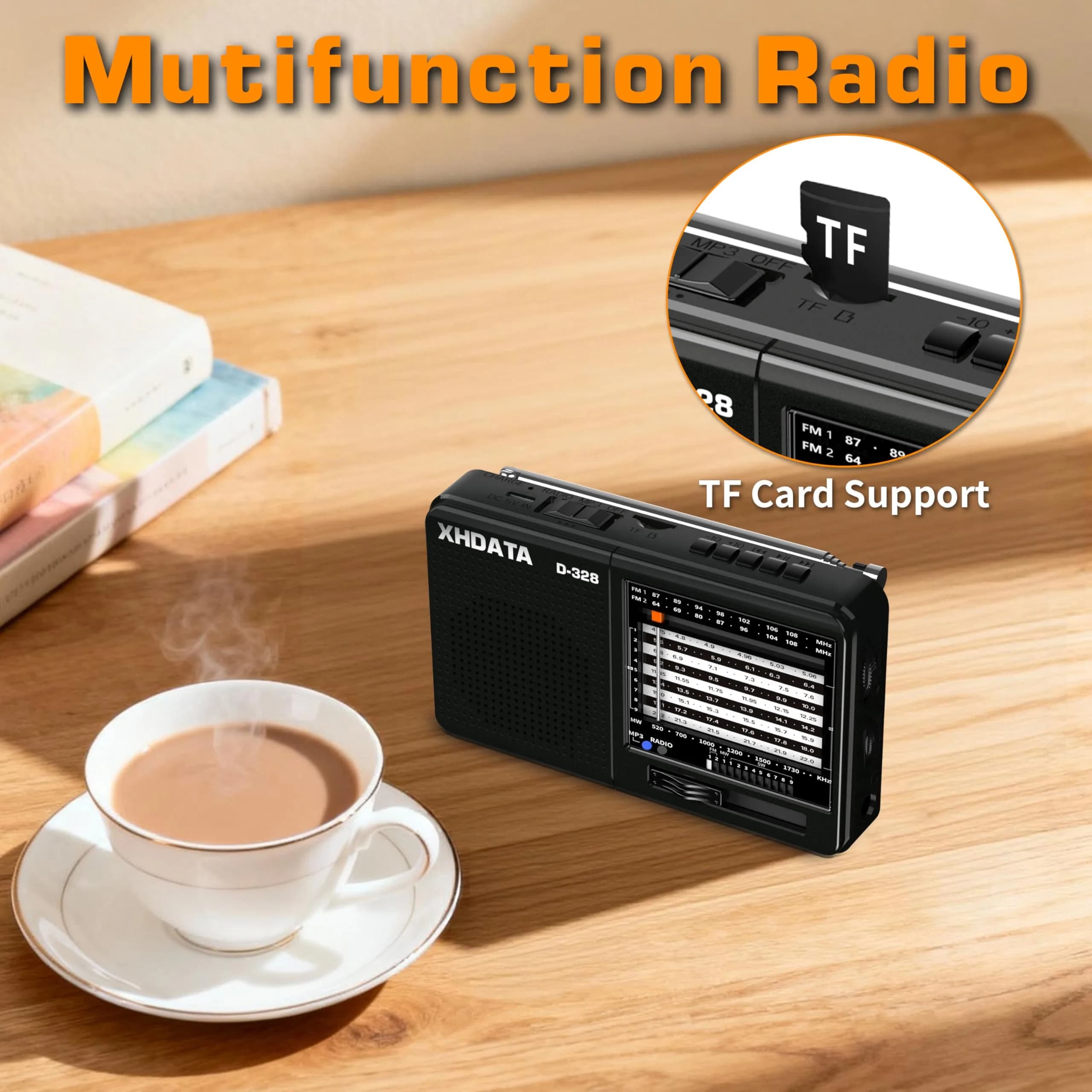 XHDATA D-328 Portable Shortwave Radio | AM FM DSP MP3 Player with Rechargeable Battery & 360° Antenna (Black) - view 4