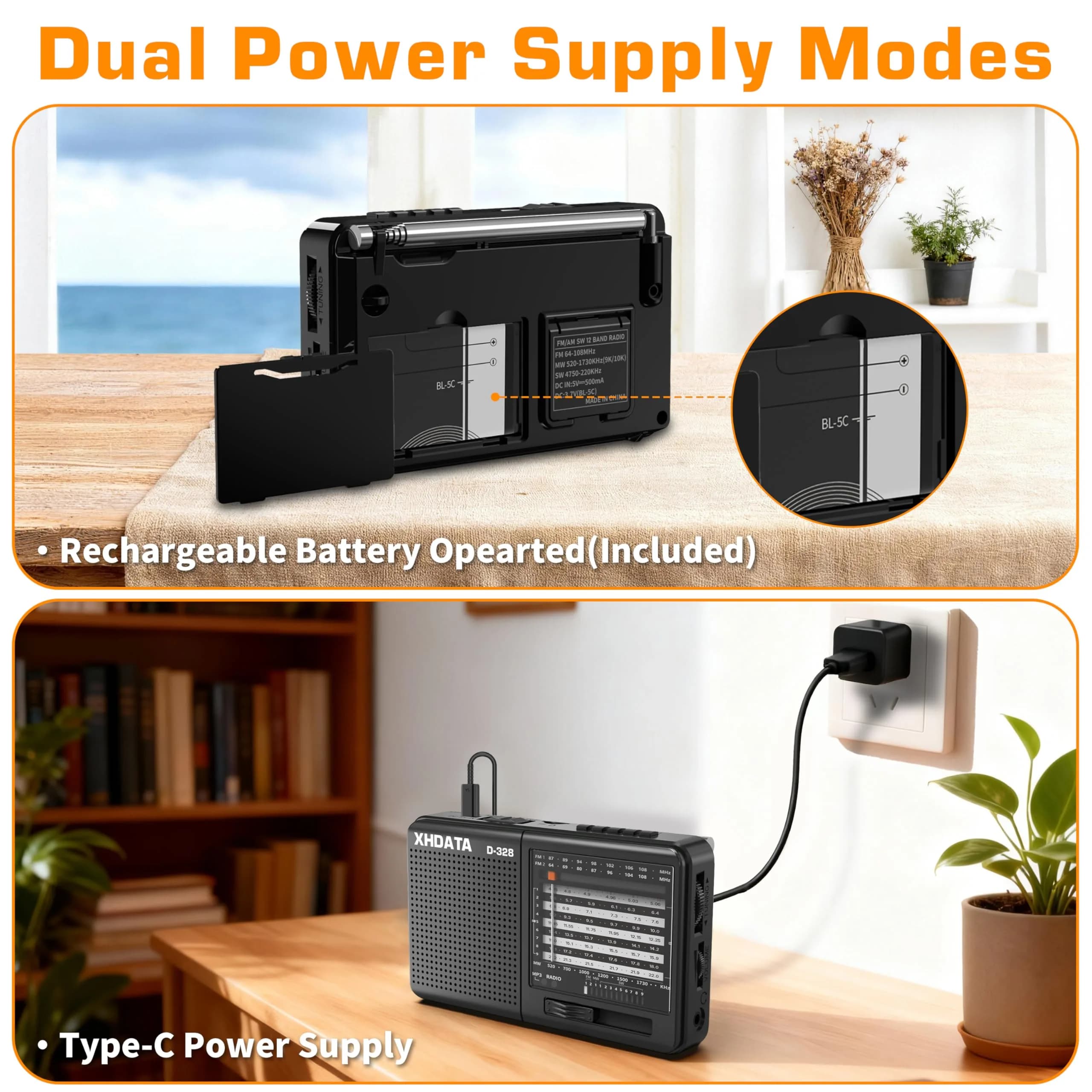 XHDATA D-328 Portable Shortwave Radio | AM FM DSP MP3 Player with Rechargeable Battery & 360° Antenna (Black) - view 6