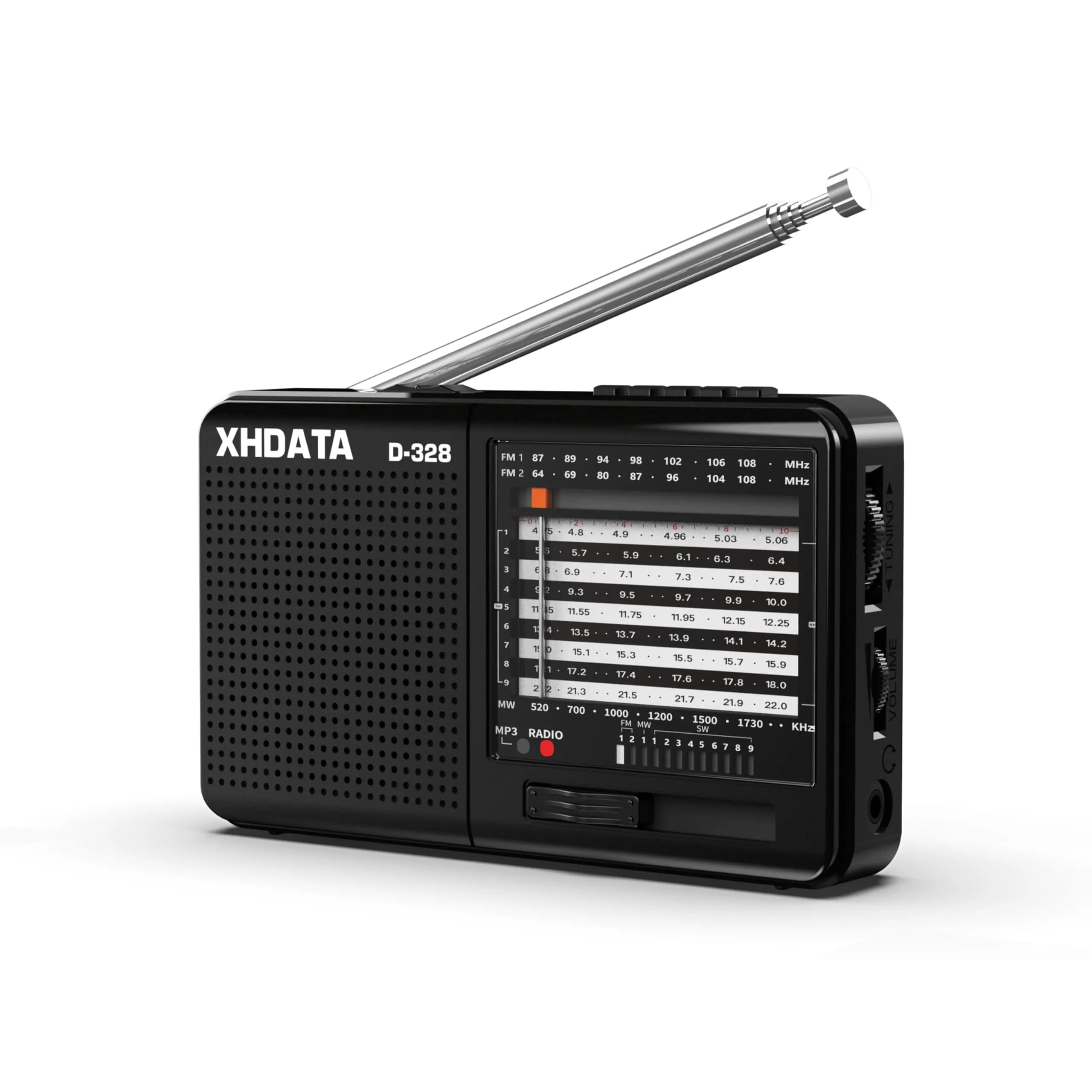 XHDATA D-328 Portable Shortwave Radio | AM FM DSP MP3 Player with Rechargeable Battery & 360° Antenna (Black) - main product image