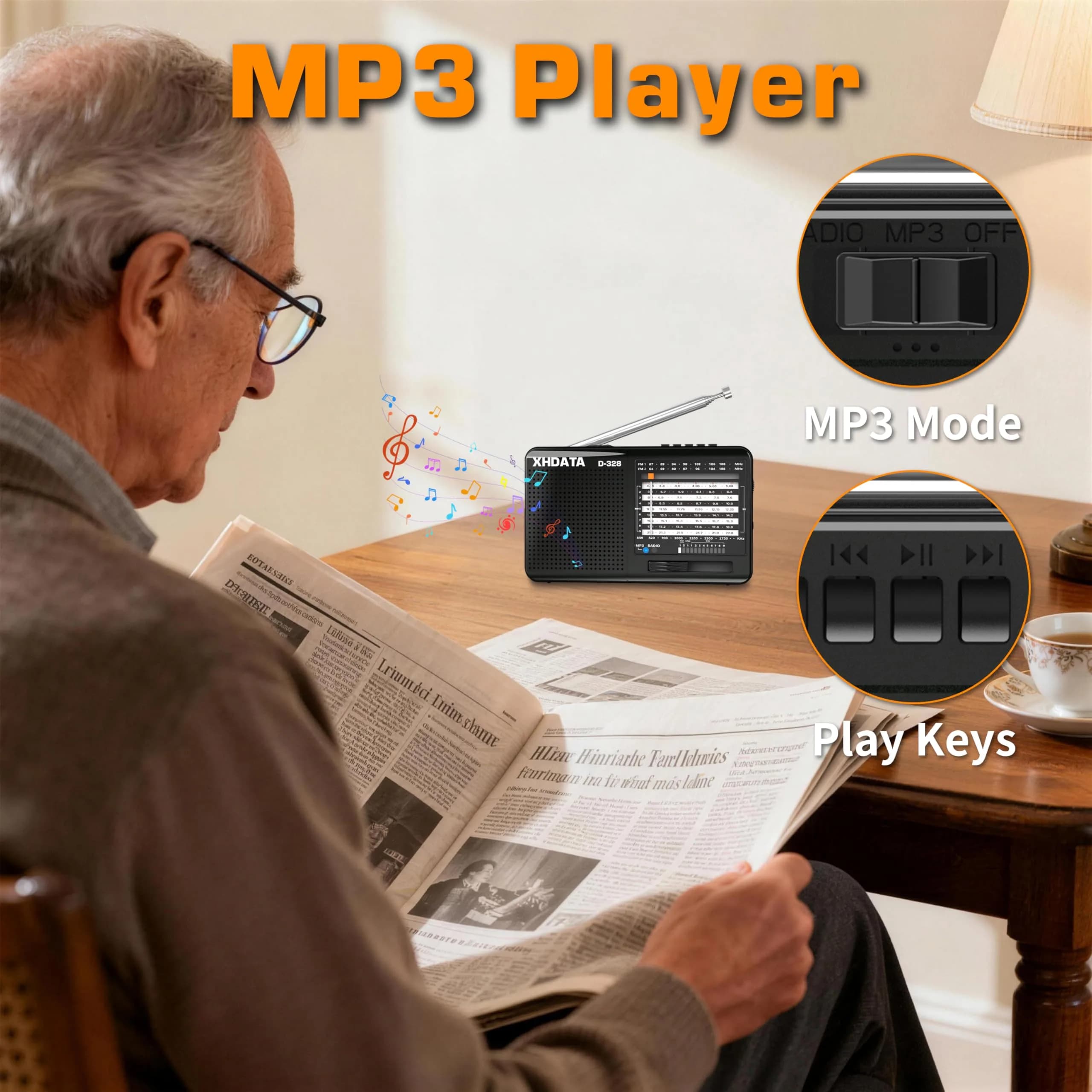 XHDATA D-328 Portable Shortwave Radio | AM FM DSP MP3 Player with Rechargeable Battery & 360° Antenna (Black) - view 7
