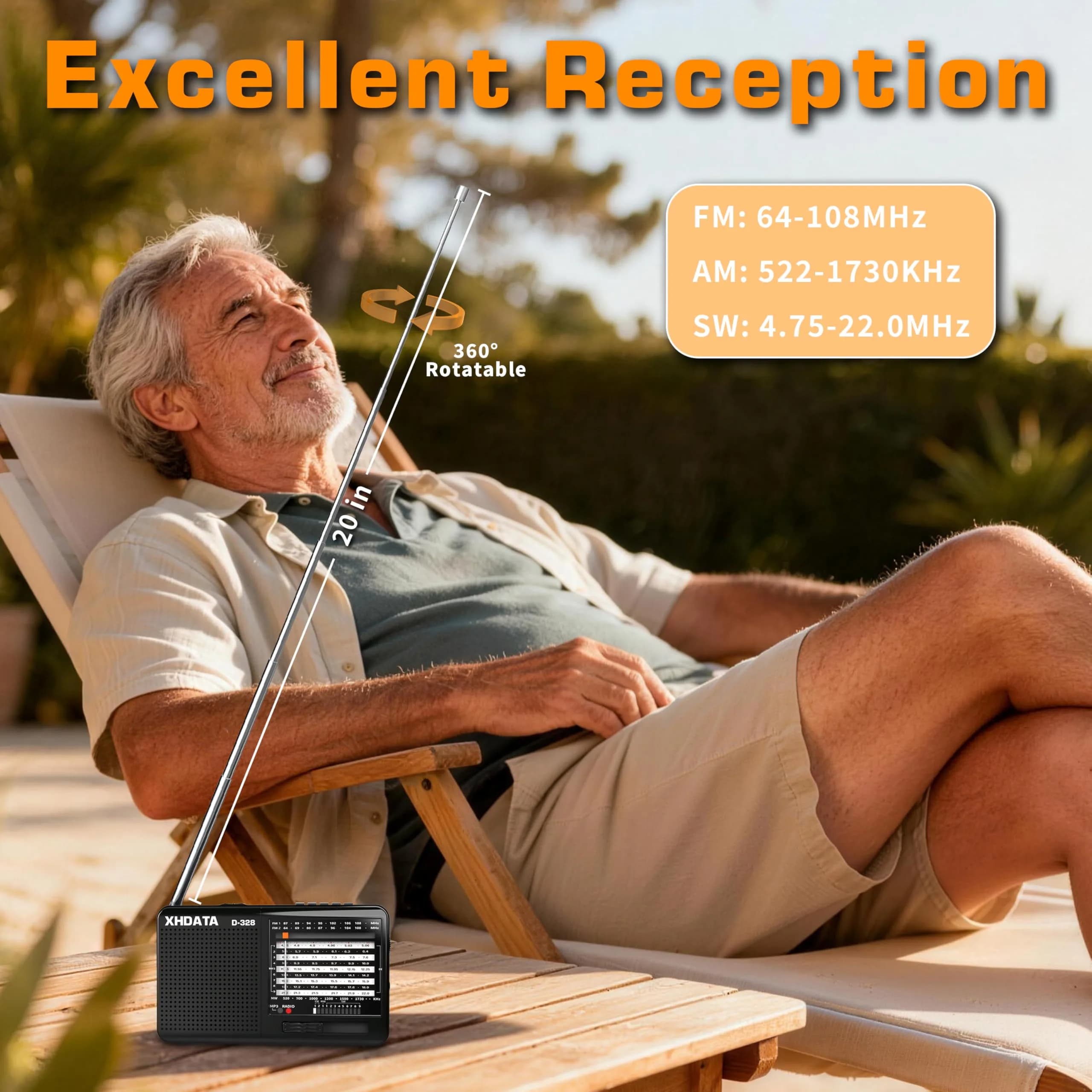 XHDATA D-328 Portable Shortwave Radio | AM FM DSP MP3 Player with Rechargeable Battery & 360° Antenna (Black) - view 3