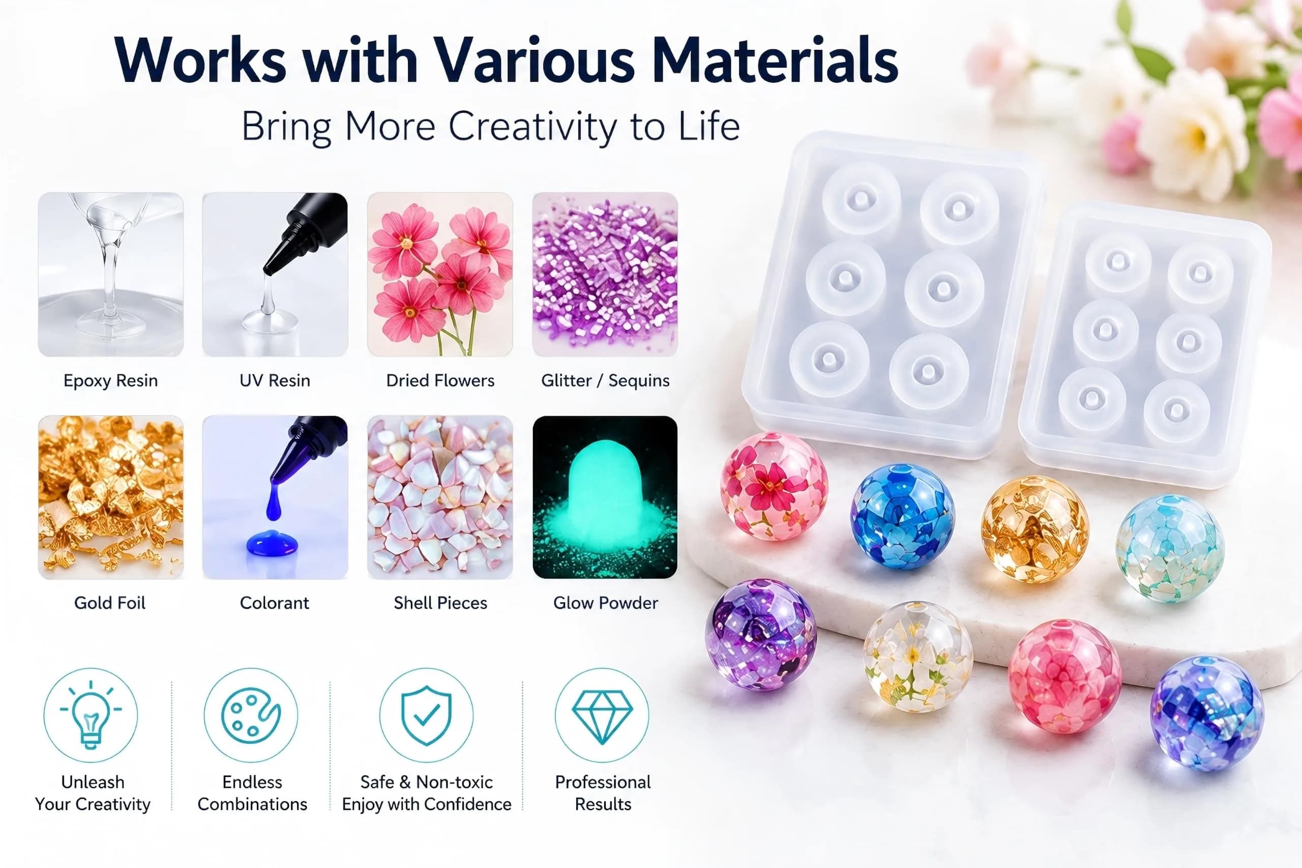 Noraling Silicone Sphere Ball Molds with Holes for Jewelry Making 12mm & 16mm | Easy Release Resin Casting Molds for DIY Crafts - view 5