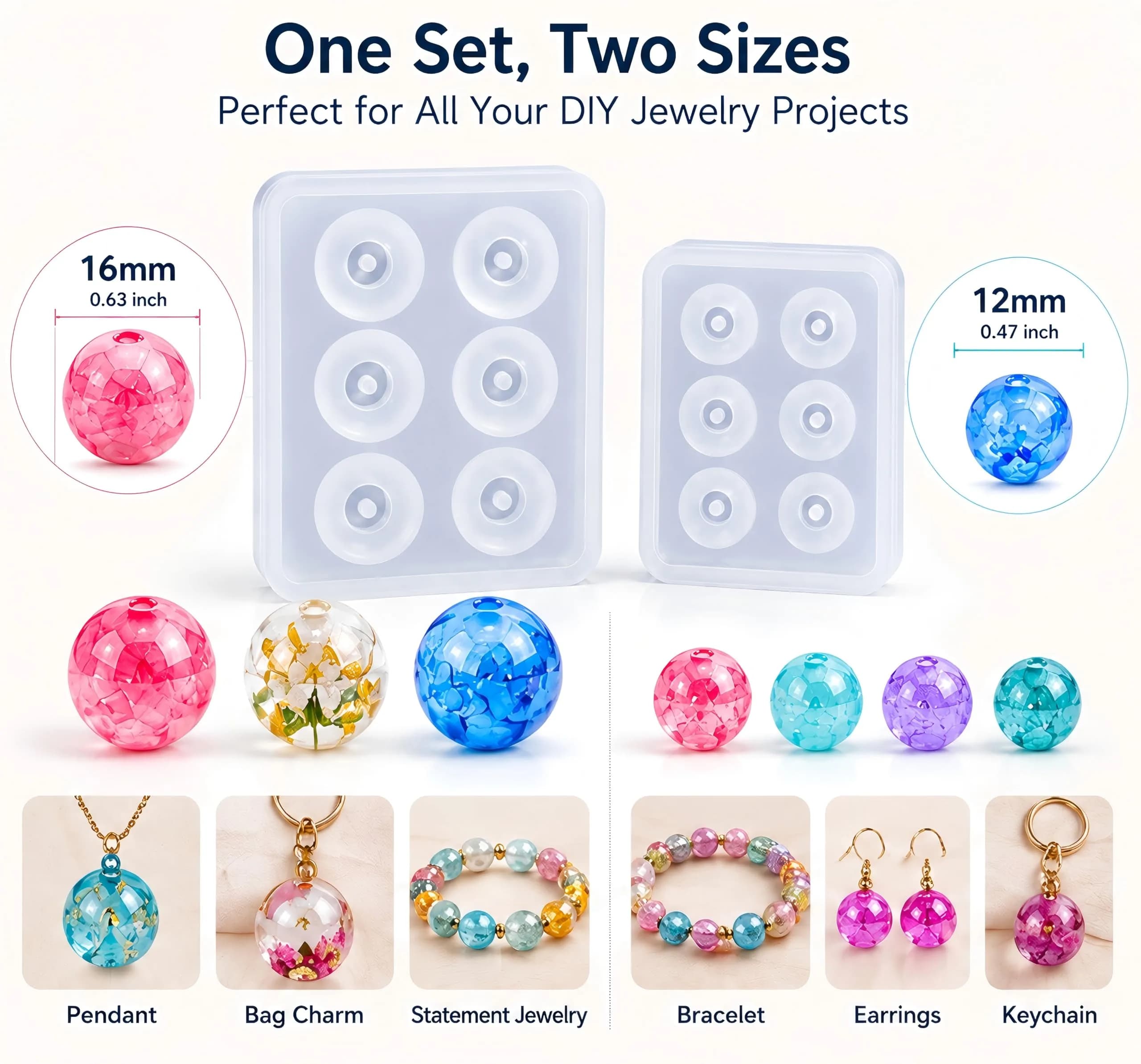 Noraling Silicone Sphere Ball Molds with Holes for Jewelry Making 12mm & 16mm | Easy Release Resin Casting Molds for DIY Crafts - view 2