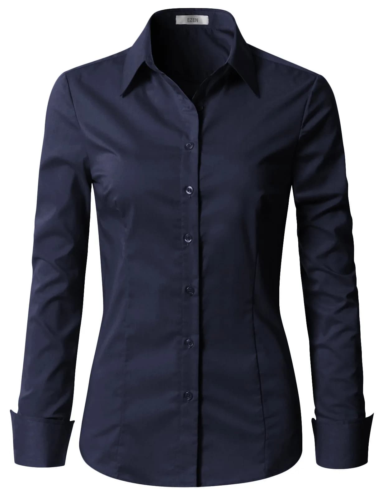 EZEN Slim-Fit Long-Sleeve Button-Down Collared Shirt Blouse | Stretchy, Lightweight, for Women