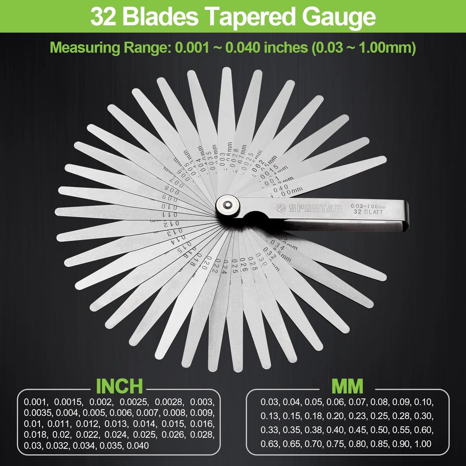 Spurtar Feeler Gauges 0.001-0.04" (0.03-1.00mm) 32 Blades Tapered thumbnail 2