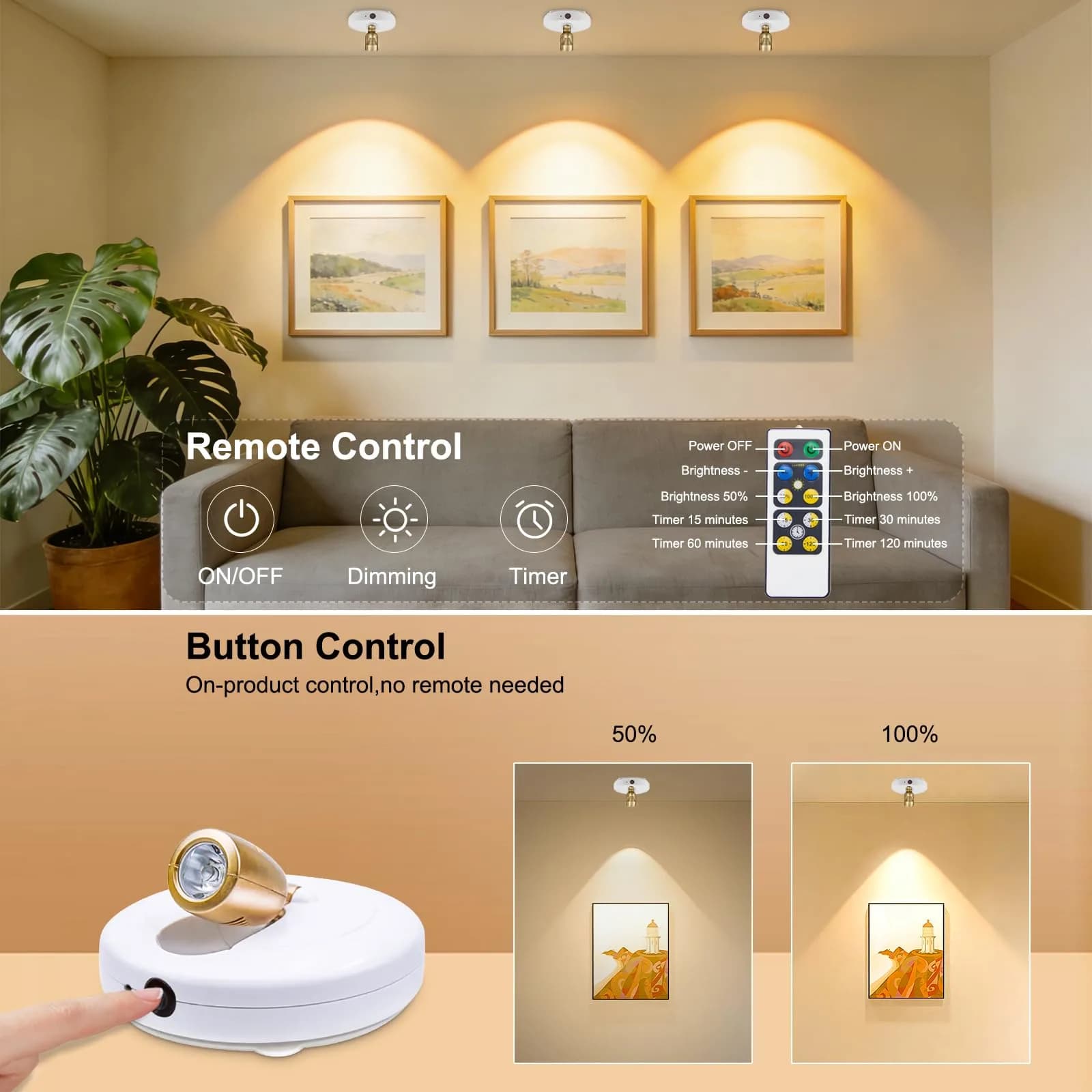 HONWELL LED Spotlight Wireless Accent Lights 2 Pack Warm White Puck Lights with Remote | Rotatable Head, Picture Light for Paintings - view 3