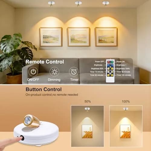 HONWELL LED Spotlight Wireless Accent Lights 2 Pack Warm White Puck Lights with Remote | Rotatable Head, Picture Light for Paintings thumbnail 3