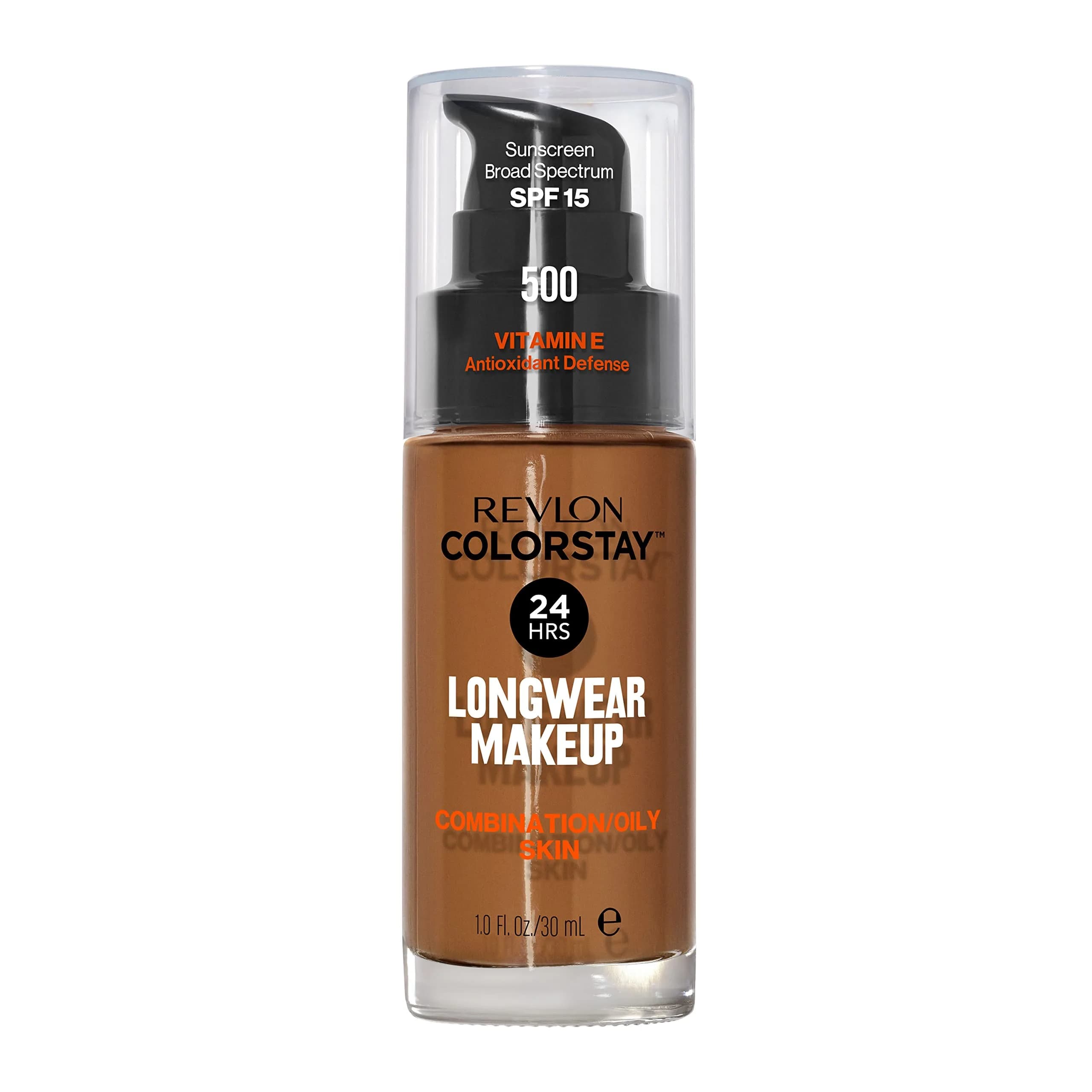 Revlon Colorstay Longwear Makeup for Combination/Oily Skin, 500 Walnut, 29.57 ml (1 fl oz) | 24-Hour Matte Finish with SPF 15 - main product image
