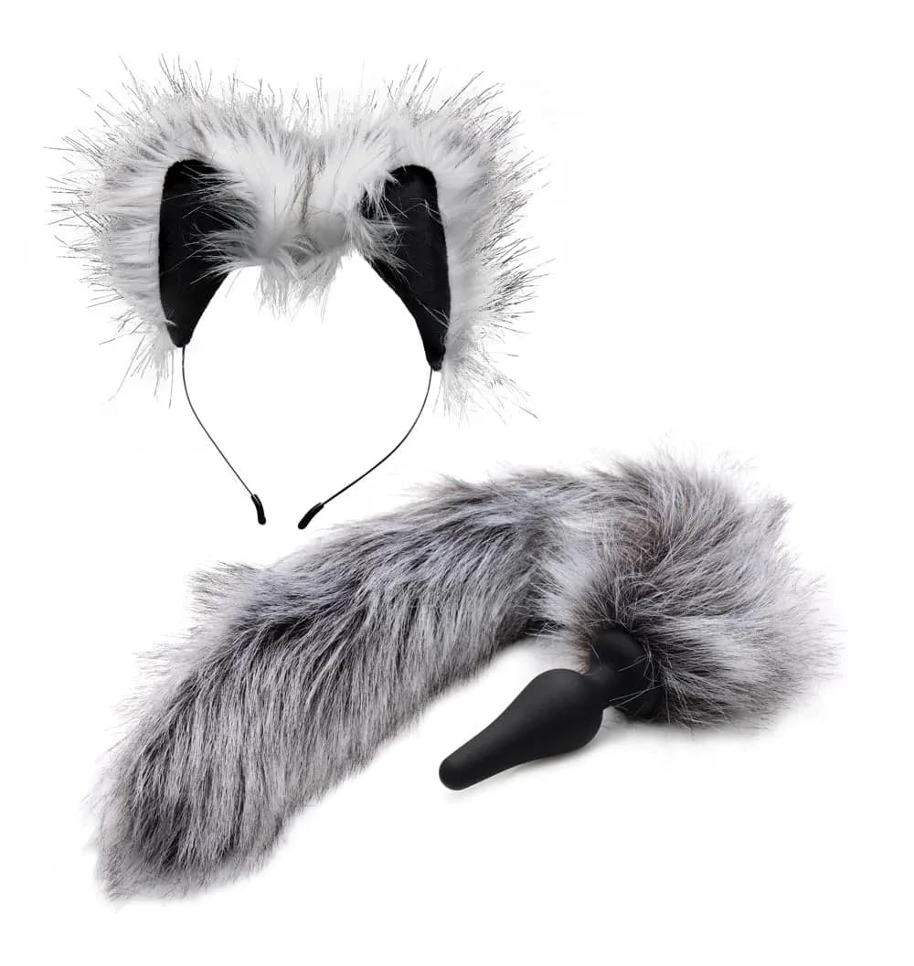 Tailz Grey Wolf Tail Anal Plug and Ears Set 19 inch | Perfect for Role Play — Grey