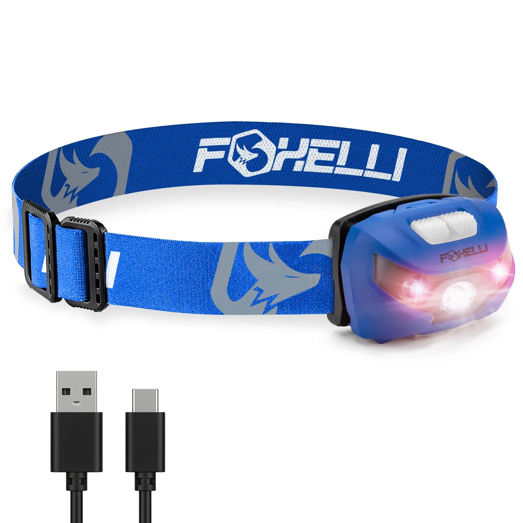 Foxelli USB-C Rechargeable LED Headlamp – Super Bright, Lightweight Head Lamp for Running, Camping, Hiking & Work – Comfortable Fit for Adults & Kids — Blue