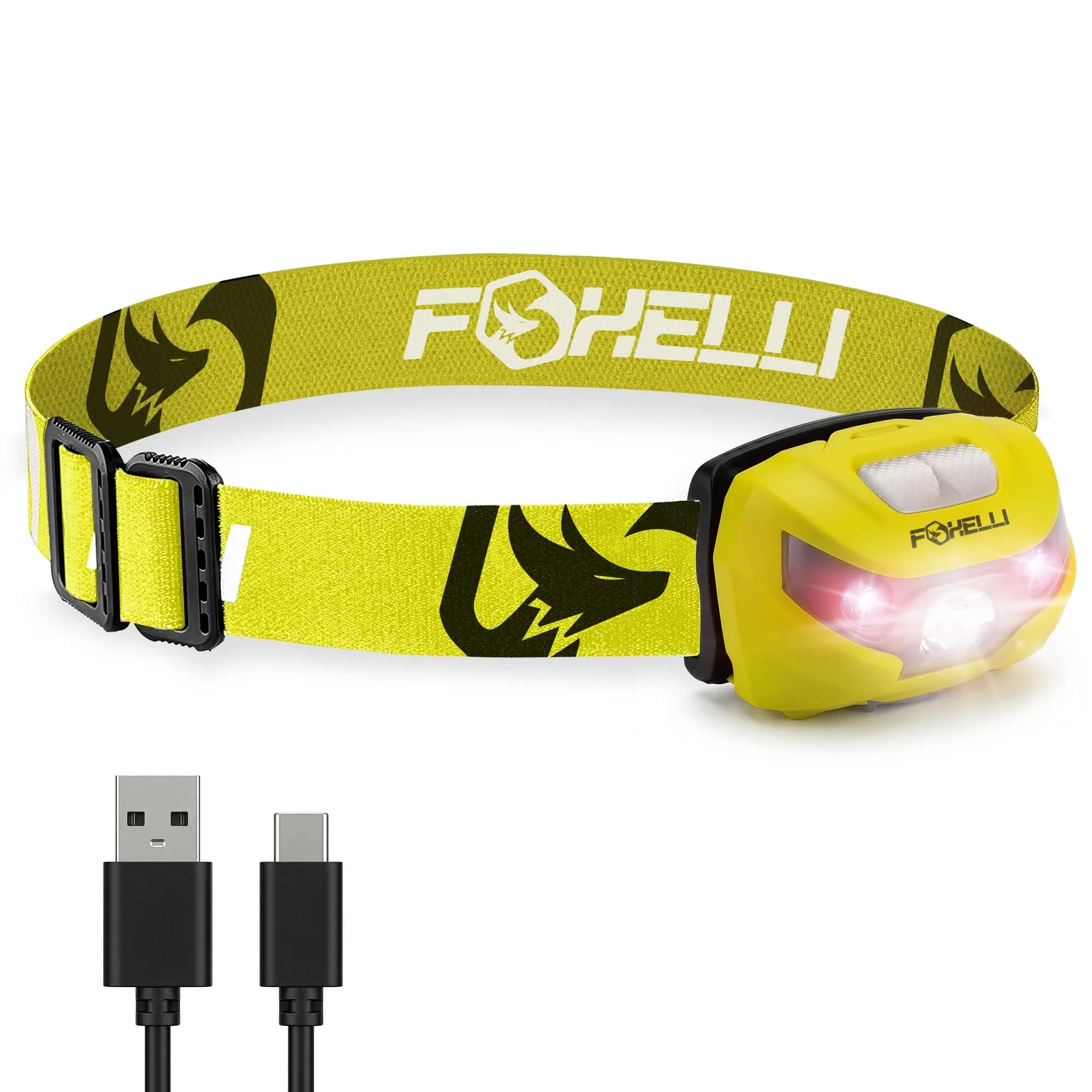 Foxelli USB-C Rechargeable LED Headlamp 160 Lumens | Waterproof, Lightweight & Adjustable for Outdoors & Kids — Neon Yellow