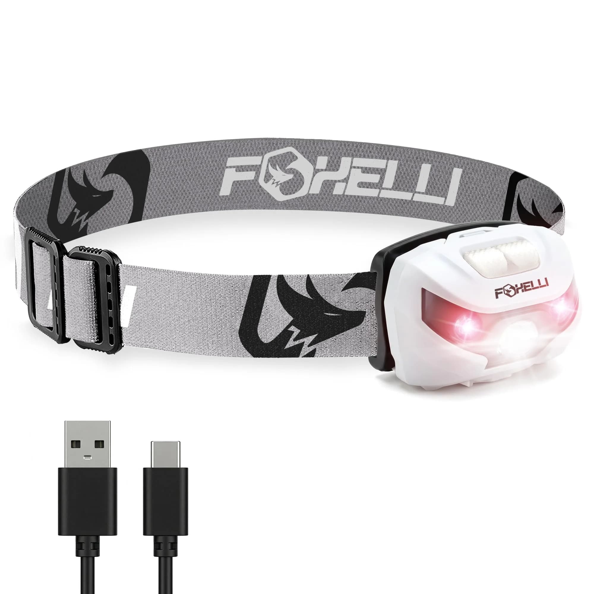 Foxelli USB-C Rechargeable LED Headlamp – Super Bright, Lightweight Head Lamp for Running, Camping, Hiking & Work – Comfortable Fit for Adults & Kids — White