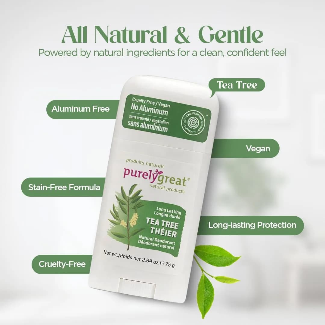 Purelygreat Tea Tree Natural Deodorant Stick 75 g (2.64 oz) | Aluminum-Free Odor Protection - view 3