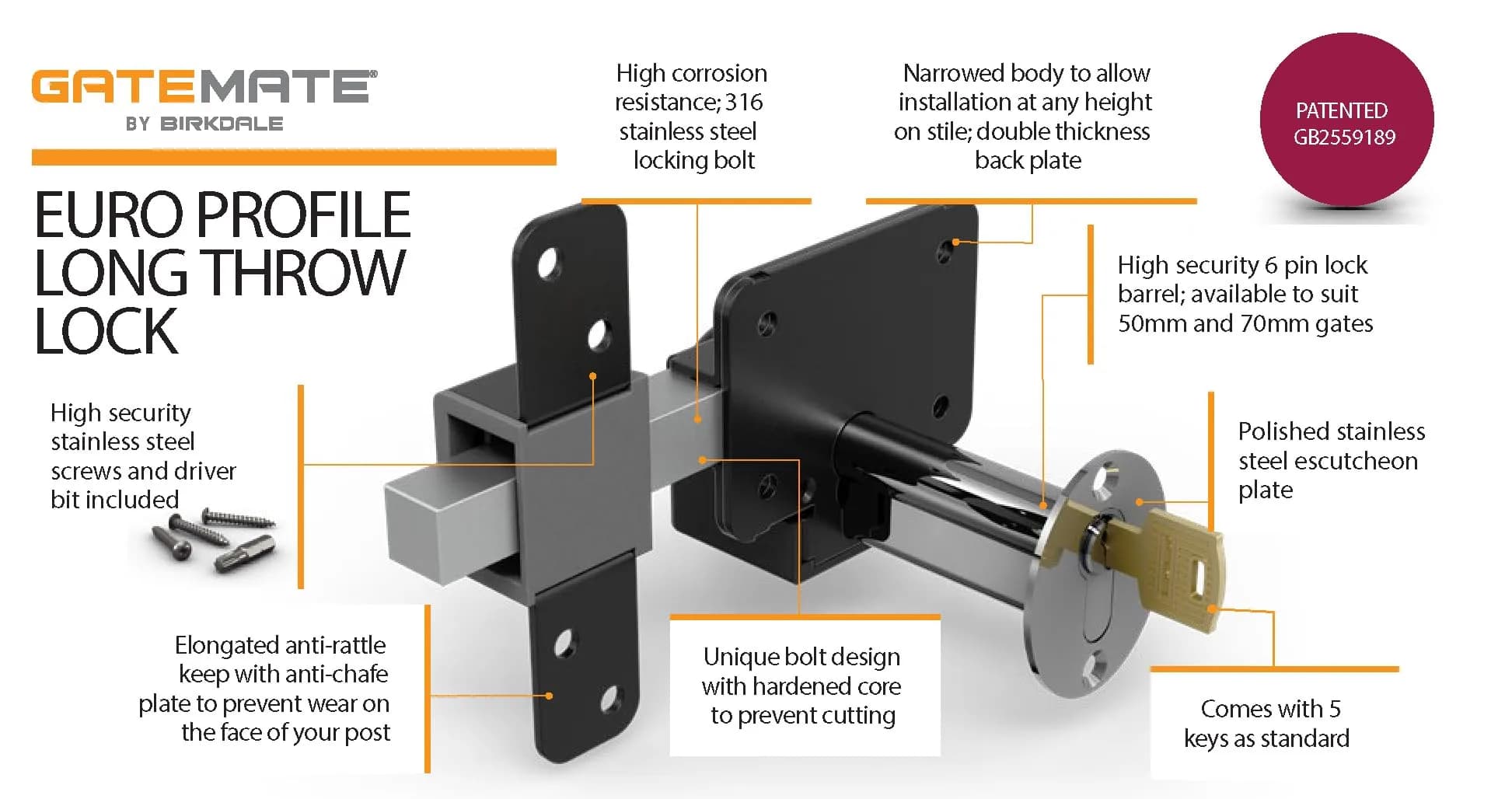 GateMate Long Throw Gate Lock, Euro Profile 2¾” Thick | 316 Stainless Steel, Black Finish, 5 Keys - view 6