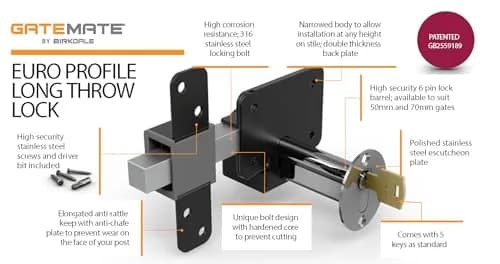 GateMate Long Throw Gate Lock, Euro Profile 2¾” Thick | 316 Stainless Steel, Black Finish, 5 Keys thumbnail 6