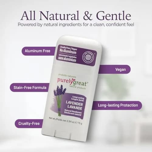 Purelygreat Lavender Scented Natural Deodorant Stick 75g (2.64 oz) | Aluminum-Free Odor Protection thumbnail 3