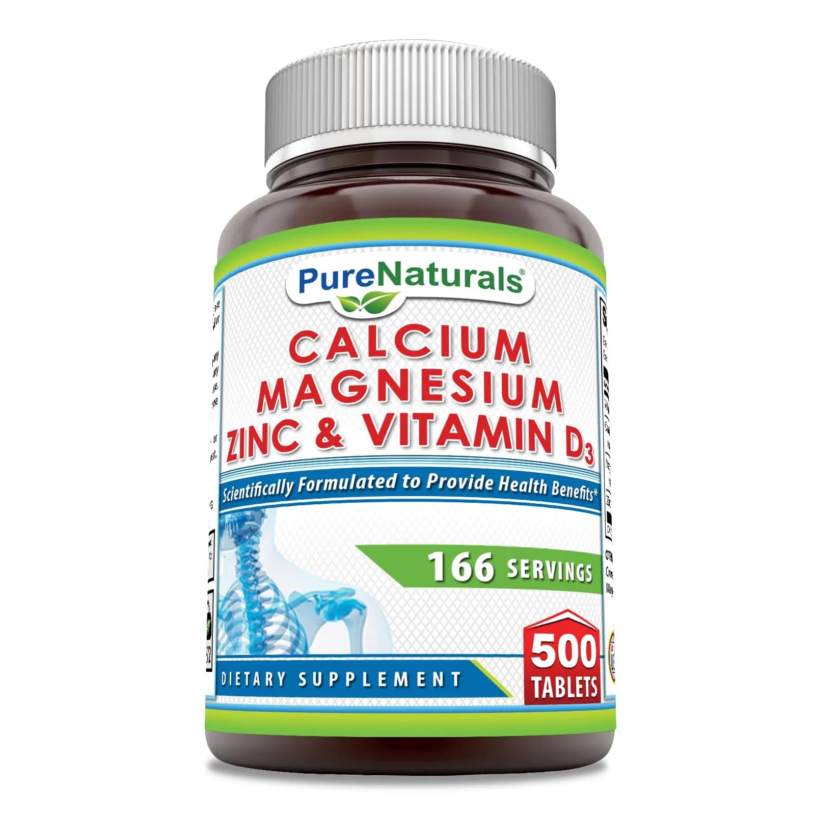 Pure Naturals Calcium Magnesium Zinc Vitamin D3 Supplement | Calcium 1000mg, Magnesium 400mg, Zinc 25mg, Vitamin D3 600 IU | Gluten Free (500 Tablets) - main product image