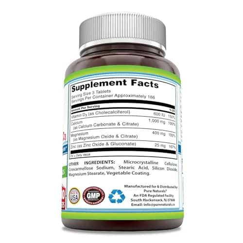 Pure Naturals Calcium Magnesium Zinc Vitamin D3 Supplement | Calcium 1000mg, Magnesium 400mg, Zinc 25mg, Vitamin D3 600 IU | Gluten Free (500 Tablets) thumbnail 2