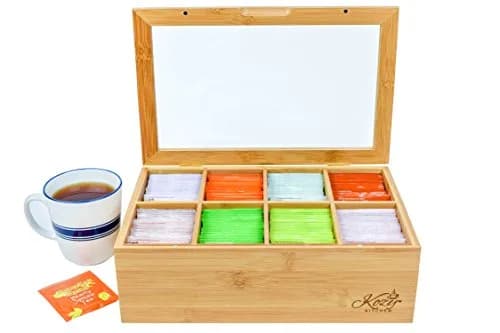 Kozy Kitchen Tea Box Storage Organizer | Large 8-Compartments Bamboo Tea Chest with Clear Hinged Lid, Wooden Finish thumbnail 4