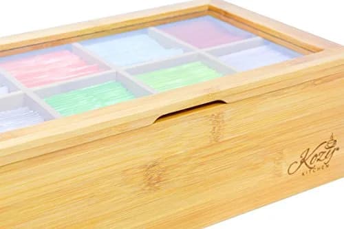 Kozy Kitchen Tea Box Storage Organizer | Large 8-Compartments Bamboo Tea Chest with Clear Hinged Lid, Wooden Finish thumbnail 5