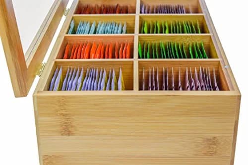 Kozy Kitchen Tea Box Storage Organizer | Large 8-Compartments Bamboo Tea Chest with Clear Hinged Lid, Wooden Finish thumbnail 7