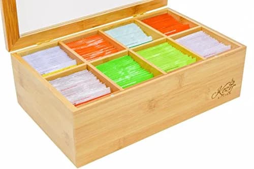 Kozy Kitchen Tea Box Storage Organizer | Large 8-Compartments Bamboo Tea Chest with Clear Hinged Lid, Wooden Finish thumbnail 3