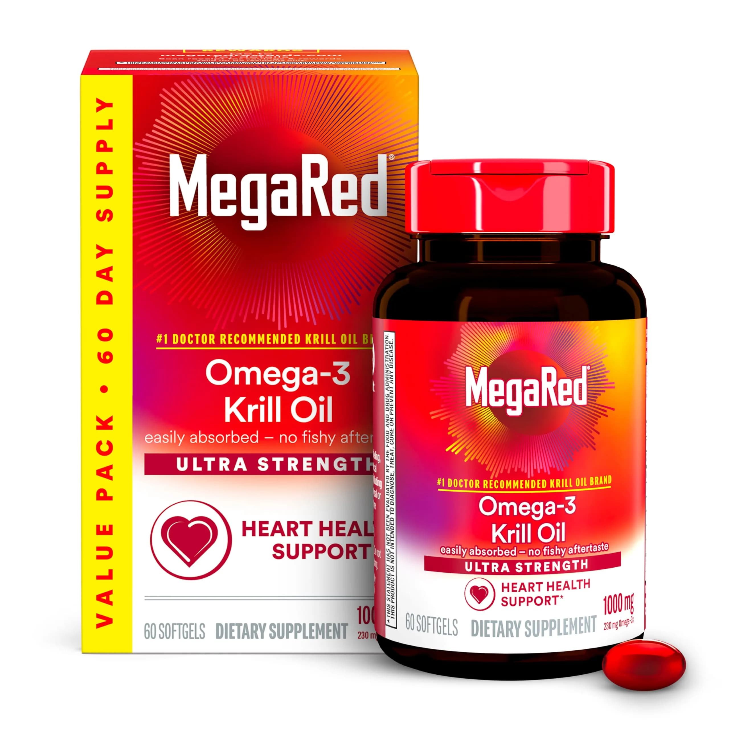 MegaRed Antarctic Krill Oil 1000mg Softgels (60 Count) | 2X Omega-3s, Heart Health Support - main product image