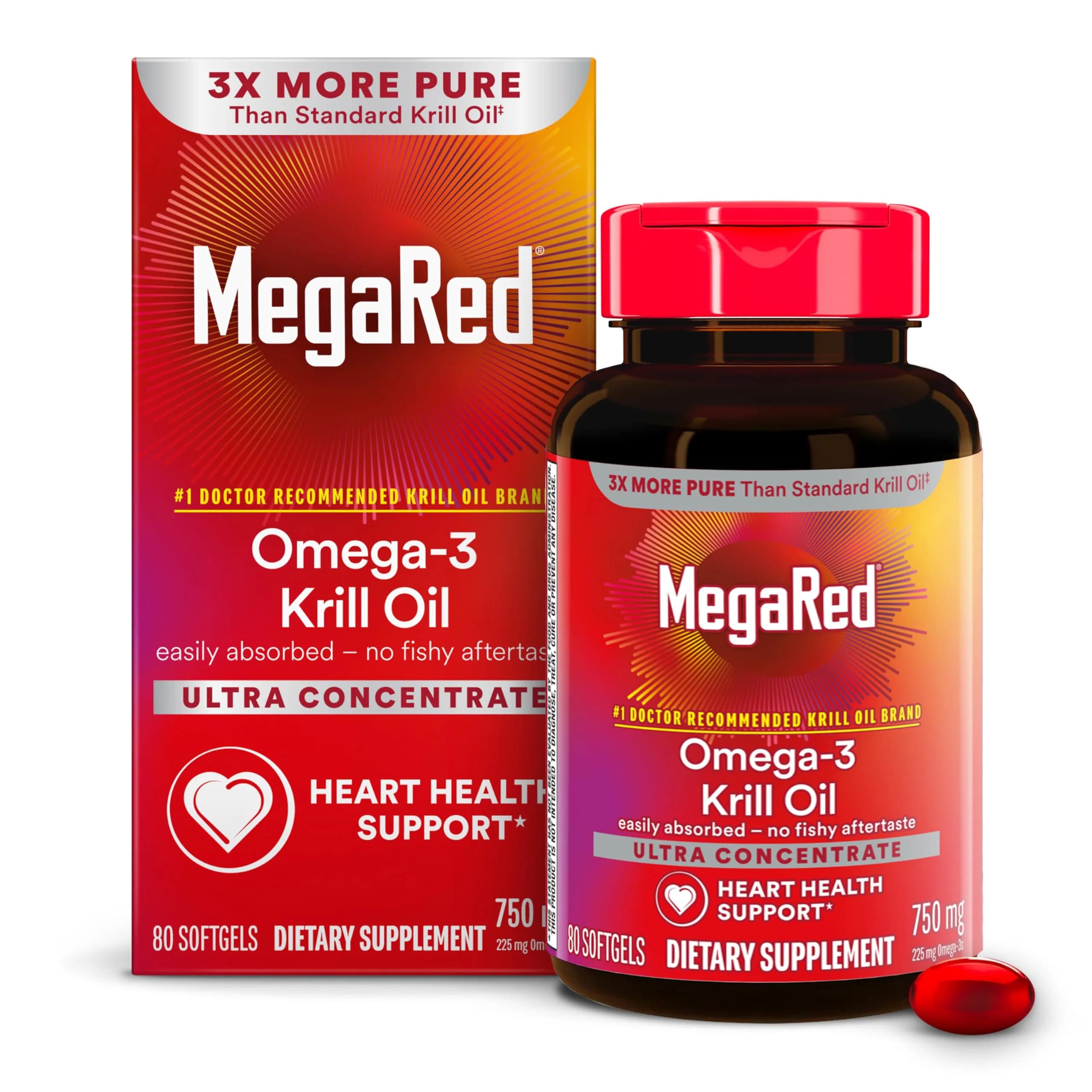 MegaRed Antarctic Krill Oil 750mg Softgels (80 Count) | Heart Health Omega-3 Supplement - main product image