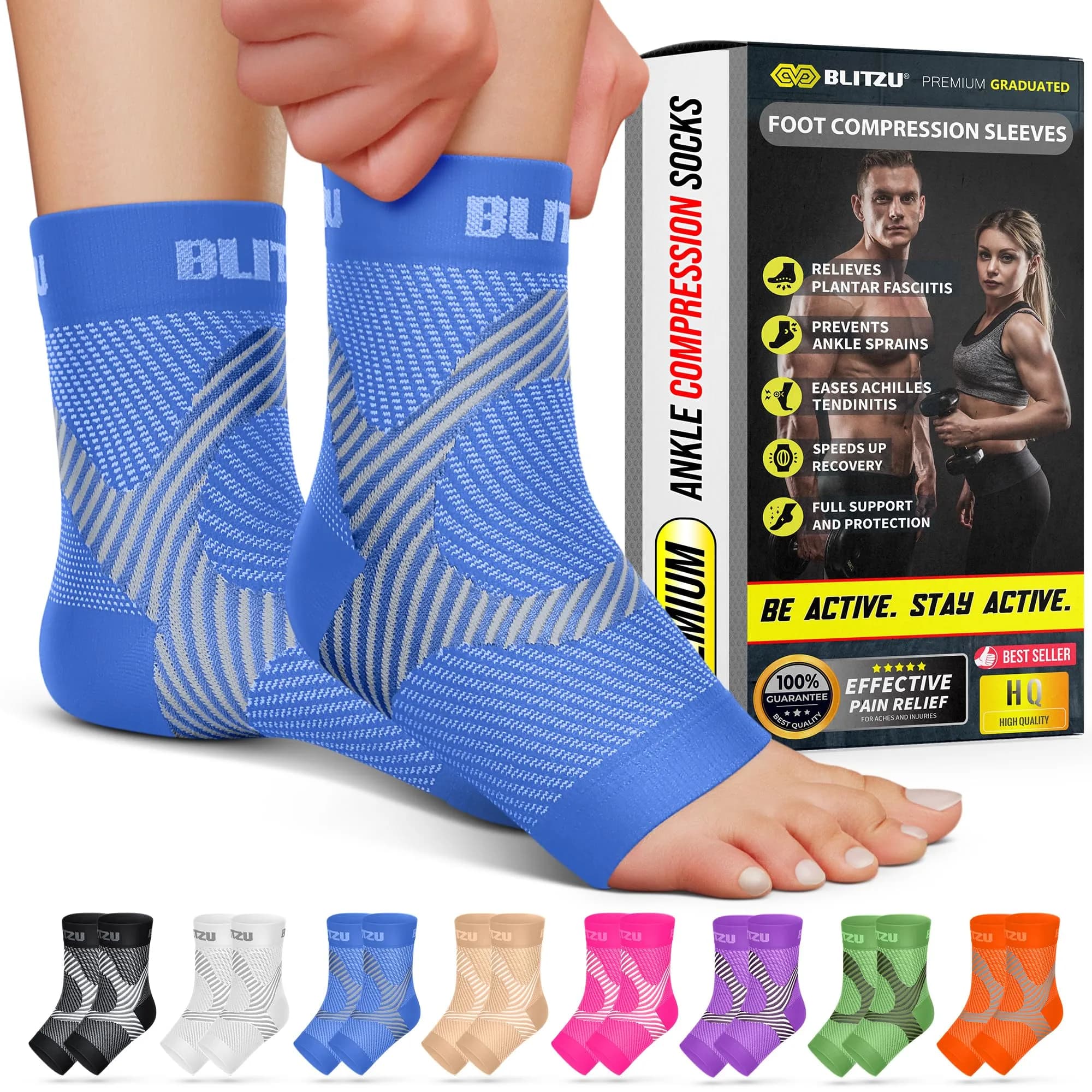 BLITZU Compression Socks for Plantar Fasciitis, Foot, Arch & Ankle Support (1 Pair, Blue) | FDA Approved Medical Grade Support - main product image