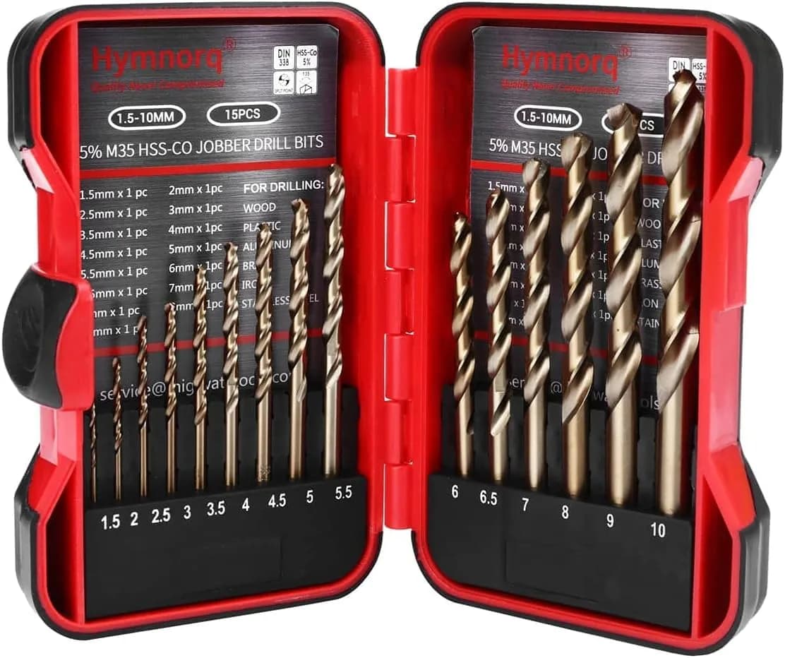 HYMNORQ 13-Piece M35 Cobalt Steel Drill Bit Set, Metric 1.5mm - 6.5mm | Professional Grade for Hard Metals — 15pcs(Plastic Case)