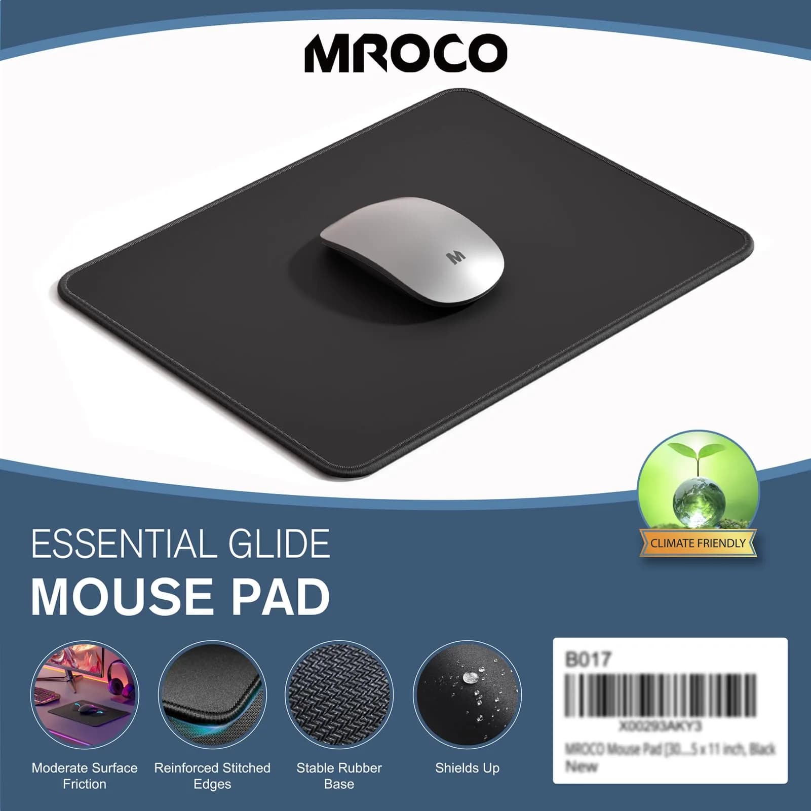 MROCO Essential Black Mouse Pad for Office & Gaming - 11 x 8.5 Inch - view 7