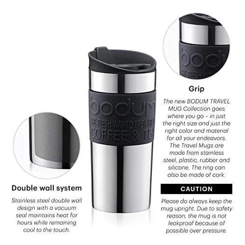 Bodum Travel Mug 12 oz Gunmetal | Double Wall Stainless Steel, Spill-Proof, Dishwasher Safe thumbnail 4