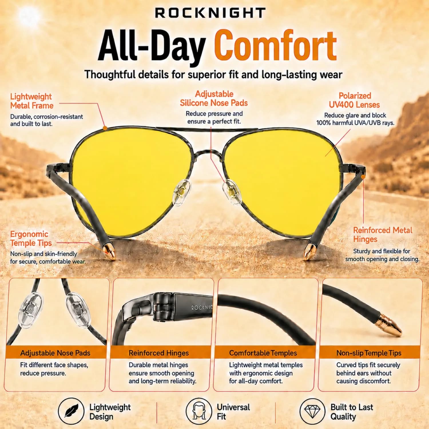 ROCKNIGHT Polarized Aviator Sunglasses Men Women UV400 Metal Frame Driving | Lightweight & Adjustable Fit - view 5