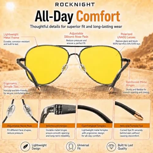 ROCKNIGHT Polarized Aviator Sunglasses Men Women UV400 Metal Frame Driving | Lightweight & Adjustable Fit thumbnail 5