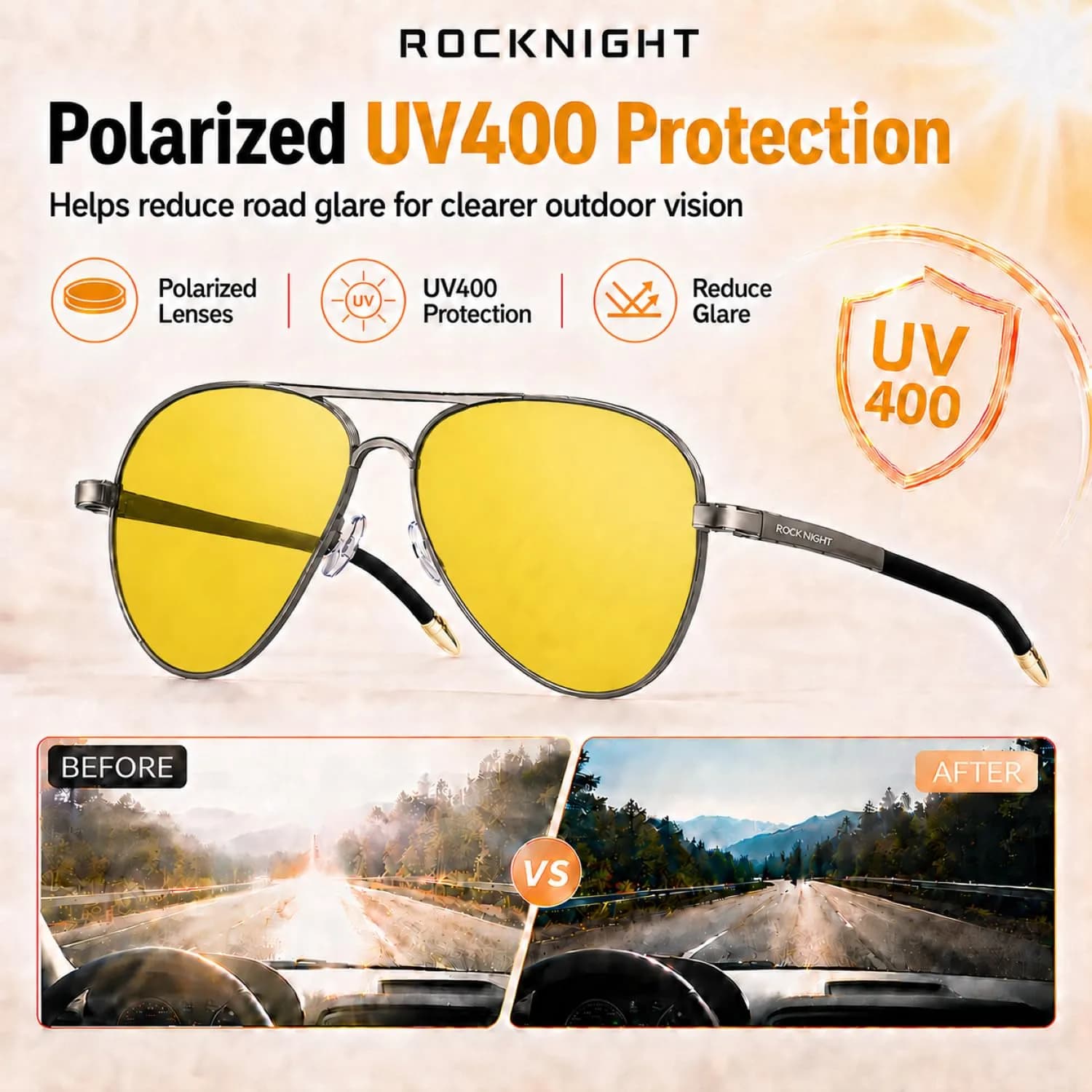 ROCKNIGHT Ruthenium-Amber Polarized Aviator Sunglasses for Men & Women | UV400 Metal Frame - view 3