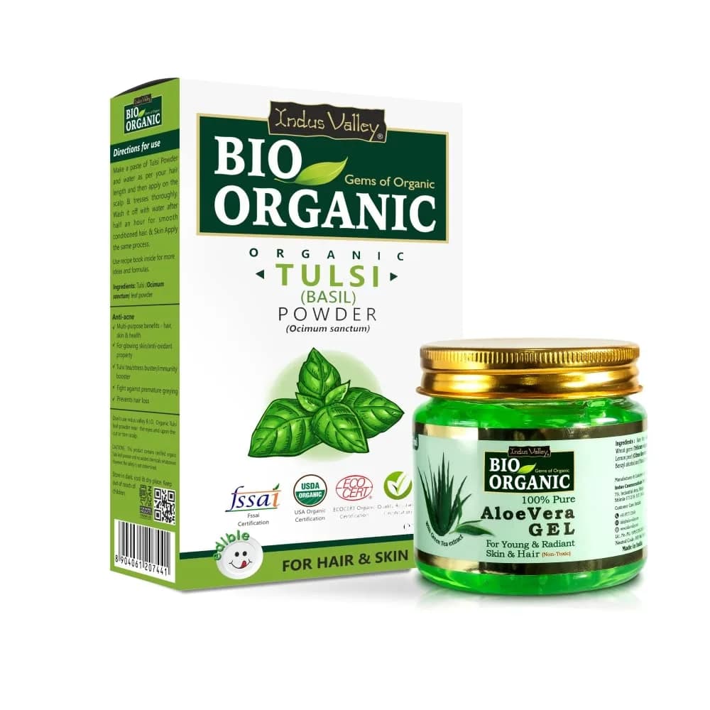 INDUS VALLEY Neem Leaf Powder & Aloe Vera Gel Combo Pack 100g Powder + 175ml Gel | Natural, Organic & Pure — Aloe Vera Gel 175ml+Tulsi Leaf Powder_100g
