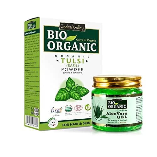 INDUS VALLEY Natural Tulsi Leaf Powder & Organic Aloe Vera Gel Combo | 100g Powder + 175ml Gel | Skin & Hair Care thumbnail 1