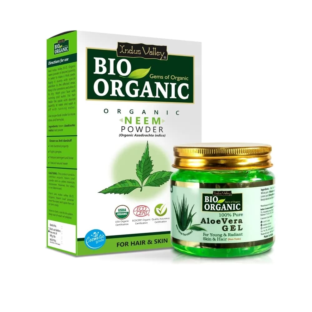 INDUS VALLEY Neem Leaf Powder & Aloe Vera Gel Combo Pack 100g Powder + 175ml Gel | Natural, Organic & Pure — Aloe Vera Gel-175ml+Neam Lead Powder-100g