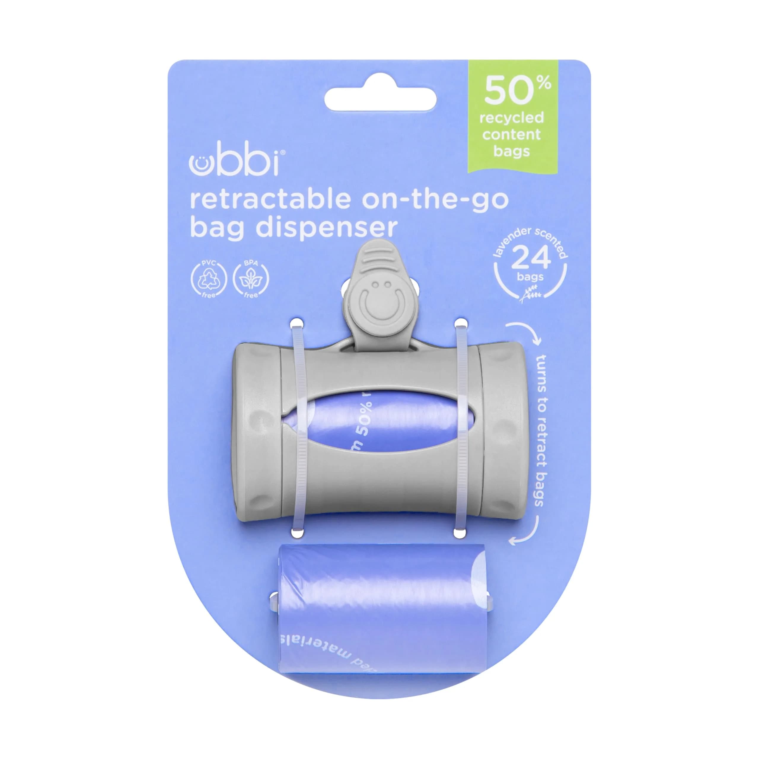 Ubbi Retractable Diaper Bag Dispenser with Lavender Bags | Gray, 1 Dispenser + 24 Bags - view 7