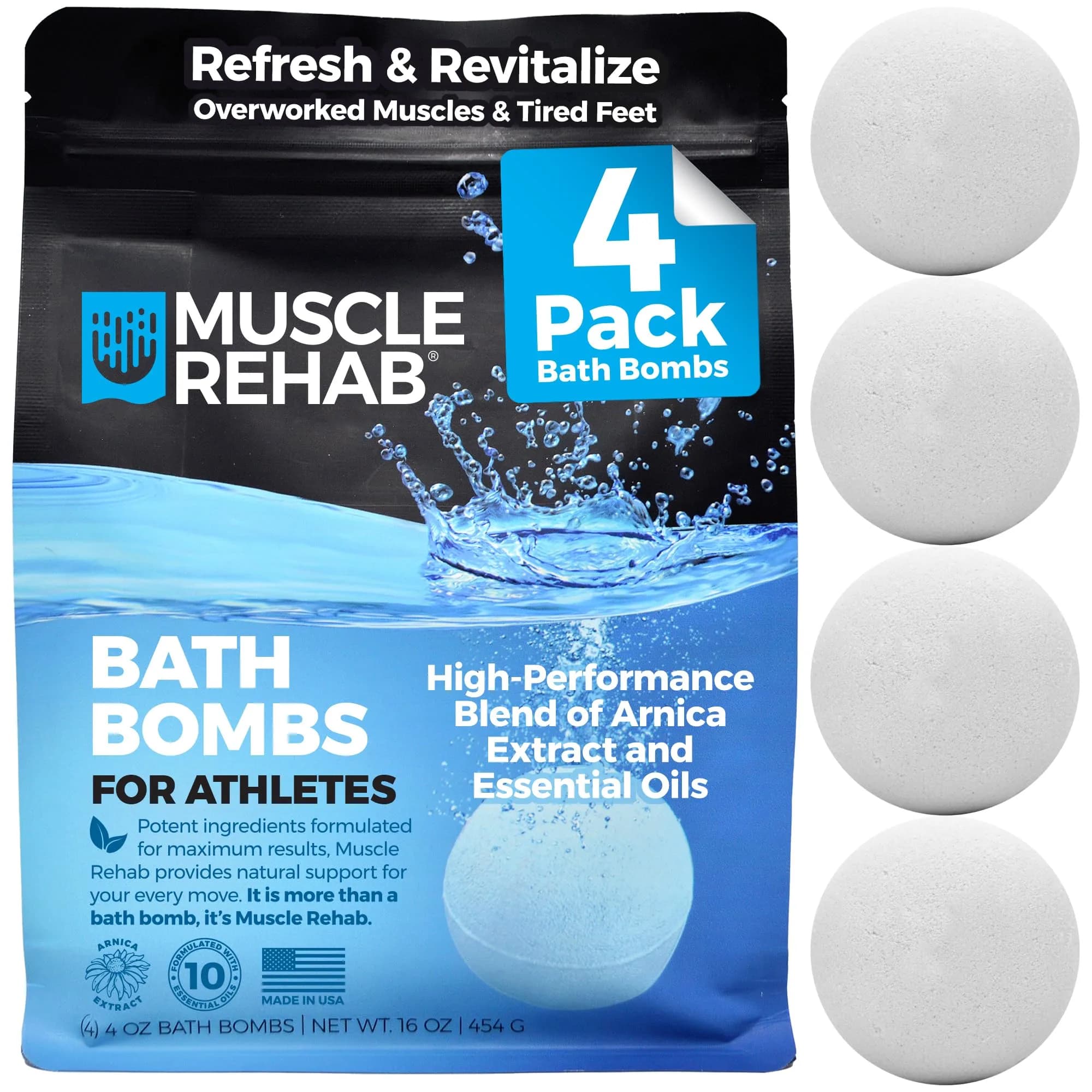 Muscle Rehab Epsom Salt Bath Bombs - Magnesium Recovery Soak 4 Pack | Post-Workout Muscle Relief — White